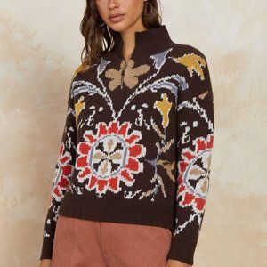 Last 1! NWT Current Air Jacquard Knit 3/4 Zip Brown Floral Sweater